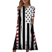 Spring Party Middy Tunic Dress Woman Short Sleeve Classic Pocket Crewneck Dress Womans Patriotic Slim Fit Black S