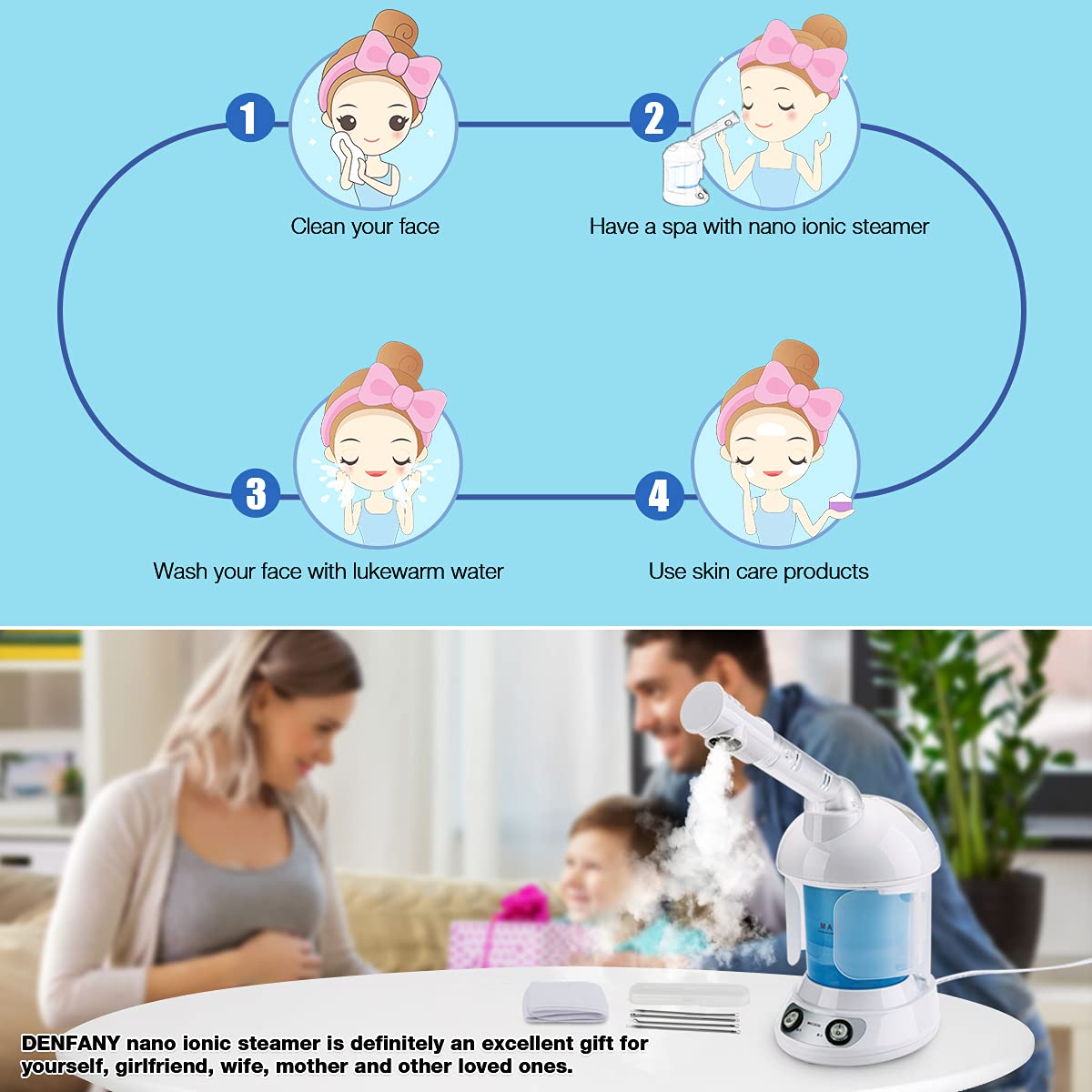 Nano Ionic Face Steamer with 360° Rotatable Sprayer, Portable Facial Steamer for Personal Care Use at Home or Salon Bonus 1 Piece Spa Headband 4 Piece Stainless Steel Skin Kit