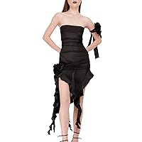 ISZPLUSH Women Sexy Sheer Mesh Dresses Irregular Tassel Strapless Long Dress 3D Flower Y2k Night Out Sleeveless Dress