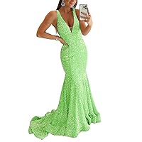 Women's Sparkly Sequin Prom Dress Long Mermaid Sexy V-Neck Cocktail Dresses Backless Formal Party Dress