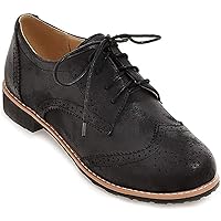 Women's Round Toe Lace Up Perforated Low Heel Flat Wingtip Brogue PU Leather Oxfords Dress Saddle Shoes