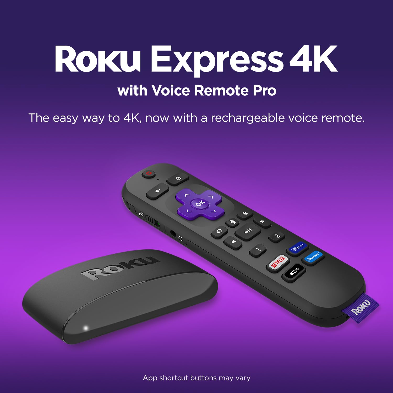 Roku Express 4K with Voice Remote Pro | Roku Streaming Device 4K/HDR, Rechargeable Roku Remote, Hands-Free Controls, Lost Remote Finder, Free & Live TV—Amazon Exclusive