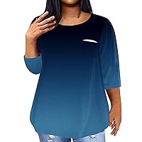 3/4 Sleeve Plus Size Tops for Women Plus Size Tops for Women 2024 Color Block Fashion Casual Loose Fit Y2k with 3/4 Sleeve Round Neck Shirts Navy 3X-Large