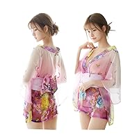 Women Summer Ultra-Thin Temptation Pajamas Sweet Japanese Kimono Yukata Set Cosplay Uniform Nightgown(Rose Pink)