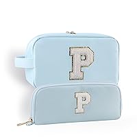 2pcs Makeup Bag Set Travel Essentials Monogram Initial Cosmetic Bag Set Womens Beauty Bag Nylon Skin Care Bag With Portable Handle and Pockets (BlueSet-P)