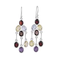 NOVICA Handcrafted .925 Sterling Silver Multigemstone Chandelier Dangle Earrings Indian Garnet Amethyst Blue Topaz Citrine Smoky Quartz Multicolor Brown Purple Red Birthstone [2.6 in L x 0.8 in W x