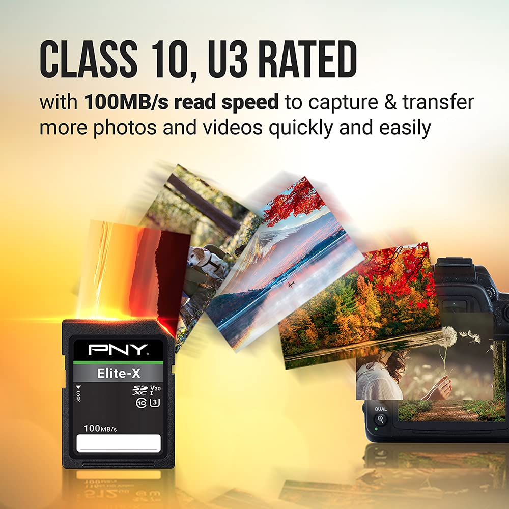 PNY 128GB Elite-X Class 10 U3 V30 SDXC Flash Memory Card 2-Pack - 100MB/s, Class 10, U3, V30, 4K UHD, Full HD, UHS-I, Full Size SD
