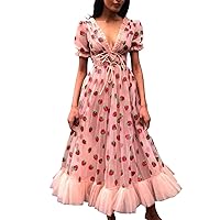 Boho Maxi Dresses for Women 2024 Plus, Women Strawberry SequinsEmbroidery Mesh Round Neck Tunic Party Dress Wo