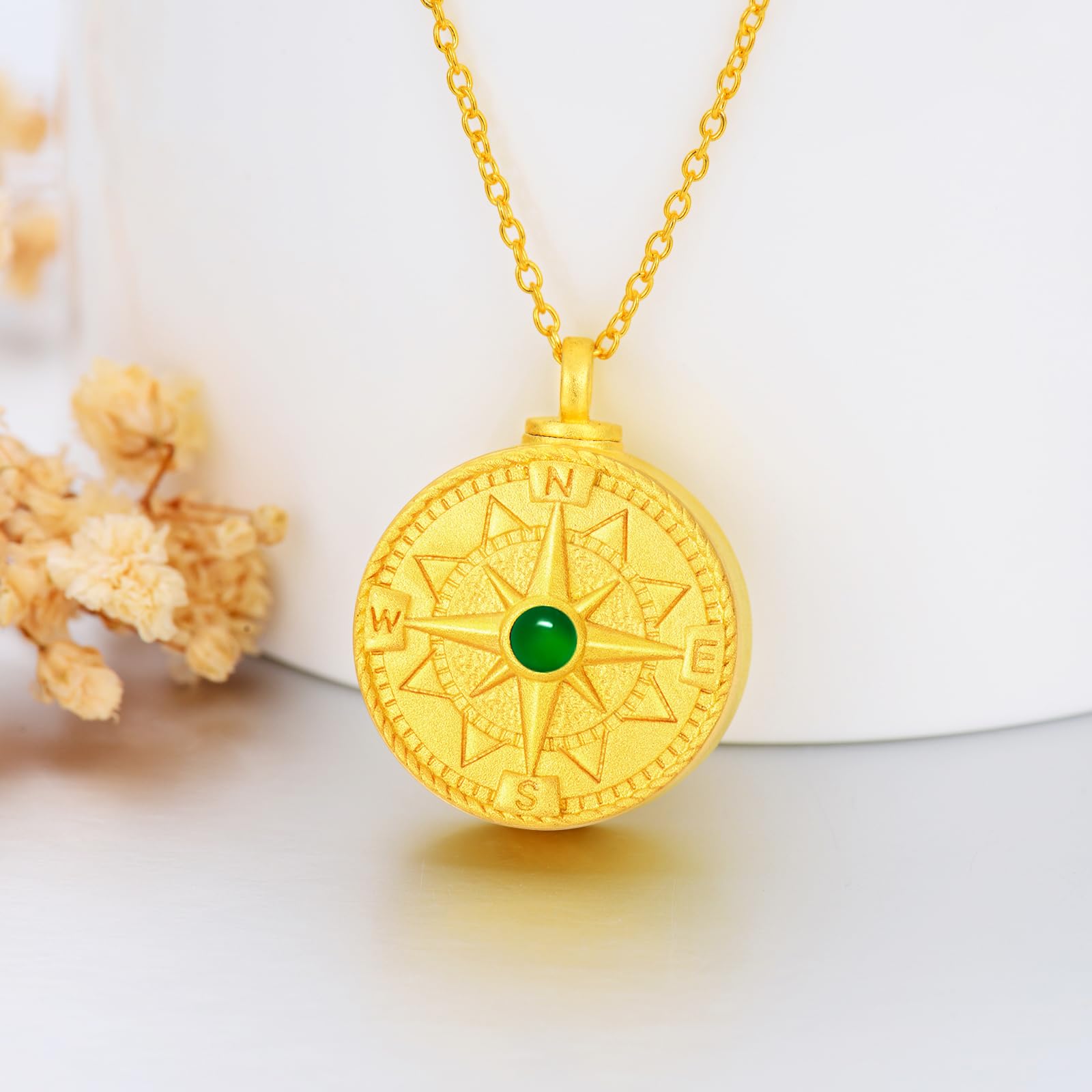 SOULMEET Gold Emerald Cremation Jewelry for Ashes, Personalized Gold Sunflower/Lotus/Rose/Cross/Medal Round Ashes Locket Necklace Natural Gemstone Urn Necklace Custom Dainty Gold Chain