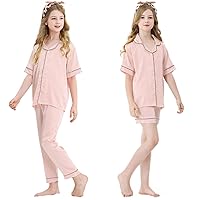 Girls Silk Pajamas Set,Girl Satin Pajamas 3 Piece Button-up Nightwear Loungewear，Girls PJS Clothes for 4T-15Years