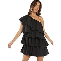 One Shoulder Ruffle Trim Layer Hem Dress (Color : Black, Size : X-Small)