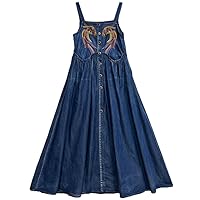 Women Long Maxi Sleeveless Denim Spring Summer Chinese Style Embroidery Single Breasted Dresses