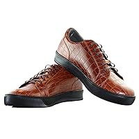 Modello Billo - Handmade Italian Mens Color Brown Fashion Sneakers Casual Shoes - Cowhide Embossed Leather - Lace-Up