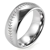 Men's 8mm Domed Tungsten Ring with Engraved Baseball Pattern