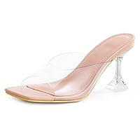 mysoft Women's Clear Heeled Sandals Square Toe Transparent Stiletto Mules Open Toe Slip on Dress Shoes