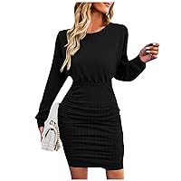 Long Sleeve Dresses for Women Fashion Solid Color Round Neck Cover Hip Versatile Dress