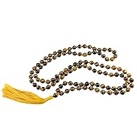 Silvesto India Smooth Brown Tiger Eye- 8mm Round Prayer Beaded- With Long Yellow Cord Meditation Mala Handmade Rosary
