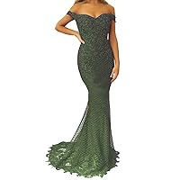 Women's Off The Shoulder Prom Dress Mermaid Lace Appliqued Evening Ball Gowns