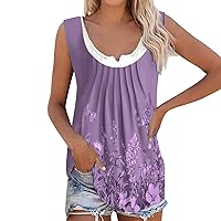 Womens Tops Summer，Tank Tops for Women Scoop Neck Loose Fit Pleated Tunics Sleeveless Floral Tops Flowy Blouses