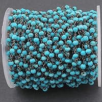 10 FEET Turquoise Rosary 3-4mm Style Beaded Chain - Turquoise Beads Black Wire Wrapped Chain