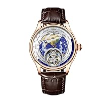 AESOP Real Flying Tourbillon Business Watches for Men 3D Earth Enamel Dial Mechanical Hand Wind Analog Wristwatches Stainless Steel Sapphire Waterproof Luminous Dress Man Watch with Leather Strap