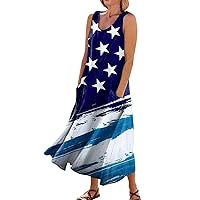 American Flag Red White Blue Star Print Tank Dress with Pockets Maxi Long Dresses Casual Beach Trendy Clothes Summer Dresses for Women 2024 4th of July Outfits for Women