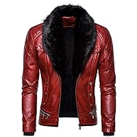 Mens Leather Jacket With Removable Fur Collar Vintage Motorcycle Faux Pu Leather Jackets Steampunk Coat Outwear