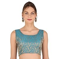 Banarasi Silk Floral Design Golden with U-Shape Neck Sari Blouse Sleeveless Readymade Blouse for Women