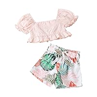 Children's Suits,New Girls' Pink Lantern Sleeve Collar Tops and Plant Printed Shorts Belt Suit.