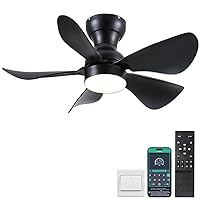 Ceiling Fans with Lights and Remote/APP Control, 30 inch Low Profile Ceiling Fans with 5 Reversible Blades 3 Colors Dimmable 6 Speeds Ceiling Fan for Bedroom Home Office Dining Room, Black