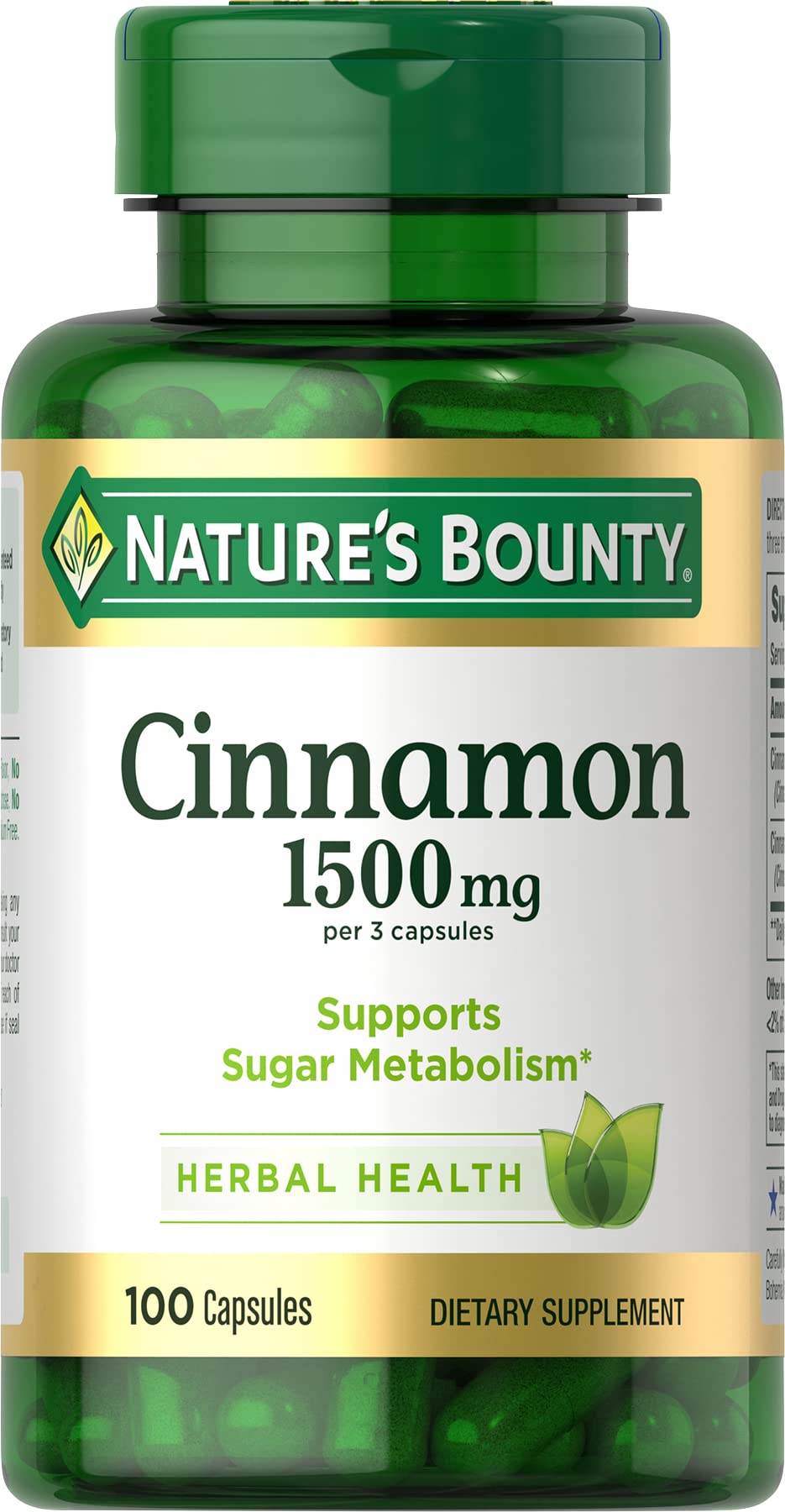 Nature's Bounty Cinnamon Herbal Supplement, Supports Sugar Metabolism, 1500mg Capsules, 100 Count