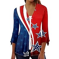 4th of July Plus Size Shirts for Women's Fashion Loose Casual Independence Day Printed 3/4 Sleeves Button Shirt Cardigan Top