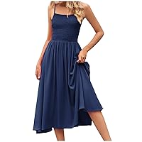 Women's Spaghetti Strap Smocked Pleated Midi Dress Summer Fashion Square Neck Flowy Swing Solid Color Cami Dresses