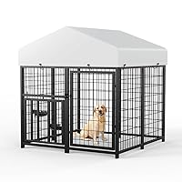 ROOMTEC Large Dog Kennel Outdoor Pet Pens Dogs Run Enclosure Animal Hutch Metal Coop Fence with Rotating Bowl (4'L x 4'W x 4.25'H)