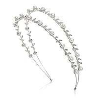 SWEETV Pearl Wedding Headband Silver Double Band Bridal Headpieces Crystal Tiara Women Hair Accessories for Women