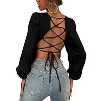 LilyCoco Sexy Tops for Women Long Sleeve Backless Blouses Going Out Criss Cross Tie Back Crop Top