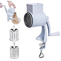 Rotary Cheese Grater Cheese Grater Hand Crank Cheese Shredder with Table Clamp Manual Peanut Grinder with 2 Removable Blades Vegetable Slicer for Corn, Spices, Carrots, Cheese Grater Hand Crank