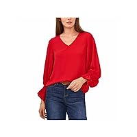 Vince Camuto Womens Red Ruffled Smocked Cuffs Blouson Sleeve V Neck Blouse S