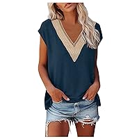 Women's Shirts and Blouses Solid Color Short-Sleeved V-Neck Lace Patchwork T-Shirt Top Short Sleeve Blouses, S-2XL