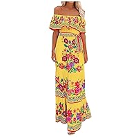 Women's Off The Shoulder Ruffle Maxi Dresses Casual Tiered Beach Tube Tops Dress Tie Waist Floral Boho Vacation Dress