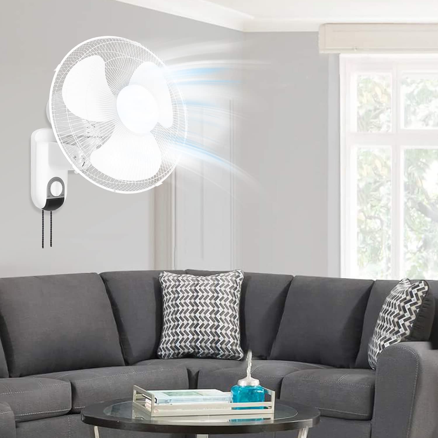 Digital Household Wall Mount Fans 16 Inch Adjustable Tilt, 90 Degree, 3 Speed Settings, White