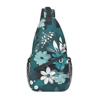 Teal Grey And White Floral Printed Crossbody Sling Backpack,Casual Chest Bag Daypack,Crossbody Shoulder Bag For Travel Sports Hiking
