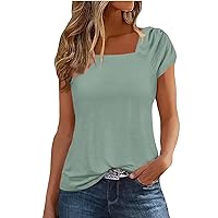 Womens Tops 2024 Ruched Tops for Women 2024 Solid Color Simple Versatile Loose Fit Casual with Short Sleeve Square Neck Shirts Mint Green Small