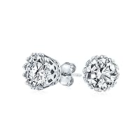 Brilliant Solitaire AAA Cubic Zirconia Crown Basket Set CZ Stud Earrings Men Women Rose 14K Gold Plated Sterling Silver