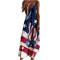 Maxi Dresses for Women 4th of July Patriotic Beach Long Dress V Neck Spaghetti Strap Casual Dress Summer Loose Sun Dress