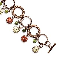Toggle Closure Copper tone Orange and Ivory Enamel Green Beads 7inch Bracelet Jewelry for Women