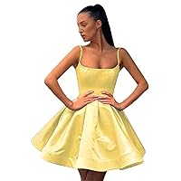 Spaghetti Straps Short Puffy Homecoming Dress A Line Satin Pleated Cocktail Prom Party Gown with Pockets