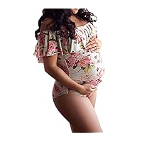 Floral Print Maternity Photography Bodysuit Floral Ruffles Off Shoulder Jumpsuit Slim Fit Bodysuits for Photo Shoot