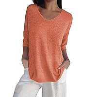 Womens Summer Loose Fit Knit Lightweight Sweater Pullover Tops 3/4 Sleeve Casual Crew Neck Blouses Casual Oversized Shirts