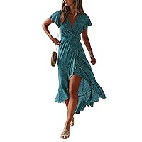 ZESICA Women's 2024 Bohemian Floral Printed Wrap V Neck Short Sleeve Split Beach Party Maxi Dress,Teal,Medium